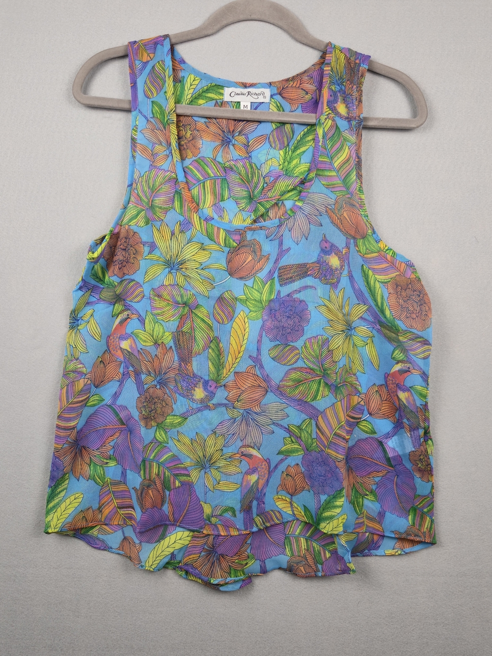 Vintage Claudia Richard Y2K Tropical Bird Print Tank Top - Open Back - Size M